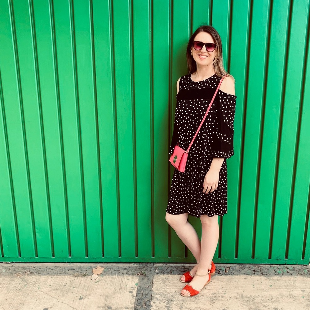 Nina Leonard Cold Shoulder Polka Dot Dress Black
